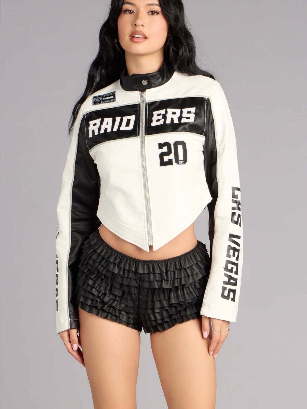 Windsor White and Black Raiders Cropped Varsity Jacket